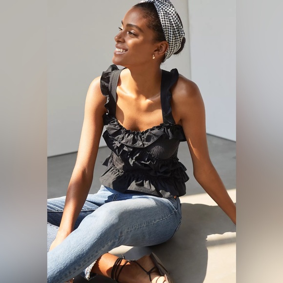 Anthropologie Maeve Smocked Ruffle Tank Black Size M - Picture 2 of 9